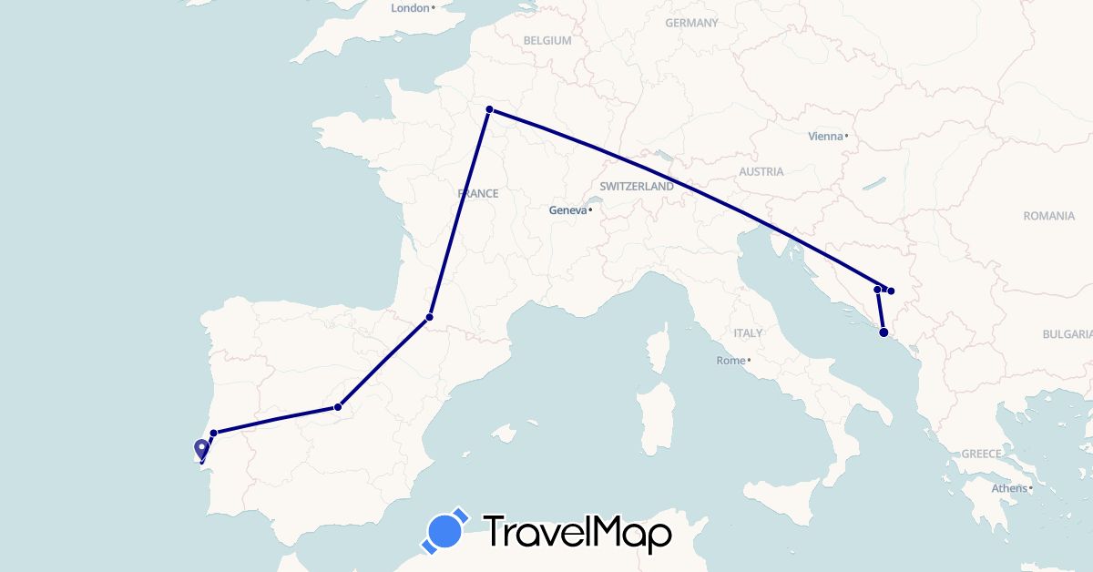 TravelMap itinerary: driving in Bosnia and Herzegovina, Spain, France, Croatia, Portugal (Europe)